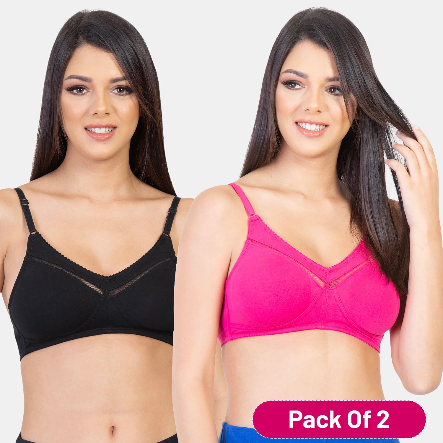 Envie NVB1005 Black and Pink Full Coverage Non-Padded Minimizer Bra Pack of 2