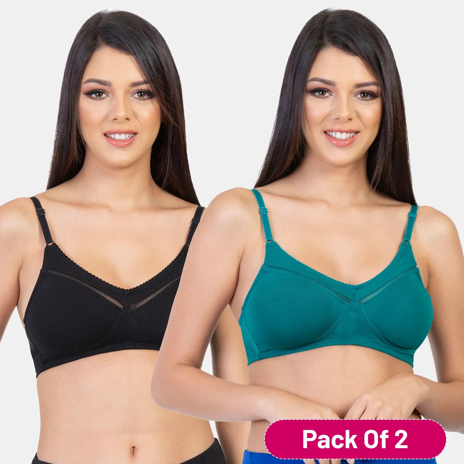 Envie NVB1005 Black and Green Full Coverage Non-Padded Minimizer Bra Pack of 2