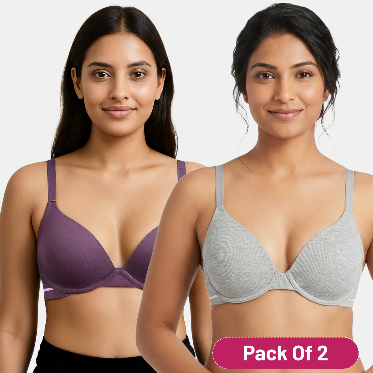 Envie Padded Wired 3/4th Coverage Demi Cup Bra (Pack of 2) - NVBDEMI (Grey Melange - Dark Purple)