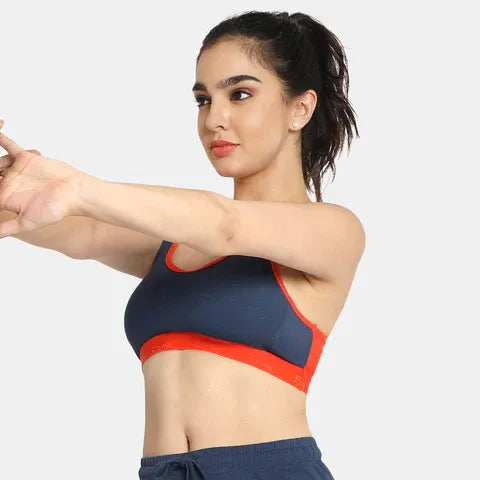 Women’s full coverage sports bra in denim fiesta for workout and daily wear