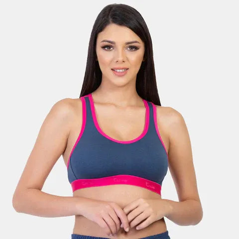 Women’s full coverage sports bra in pink denim for workout and daily comfort