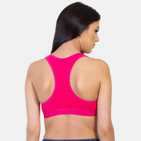 Women’s full coverage sports bra in pink denim for workout and daily comfort