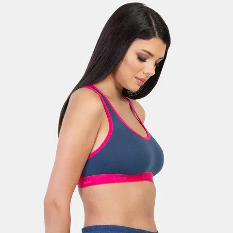 Women’s full coverage sports bra in pink denim for workout and daily comfort