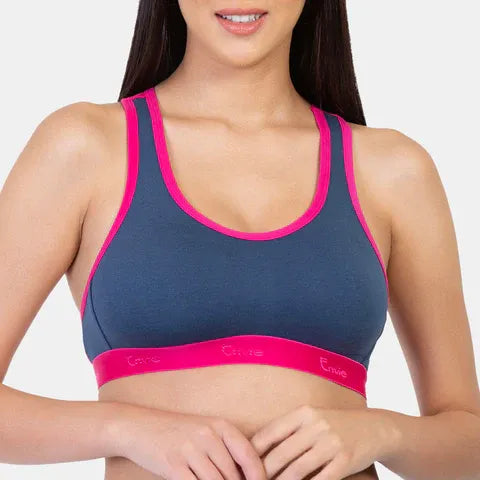 Women’s full coverage sports bra in pink denim for workout and daily comfort